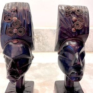 Hand Carved Mahogany Tribal Statues Pair Mid Century Excellent Condition